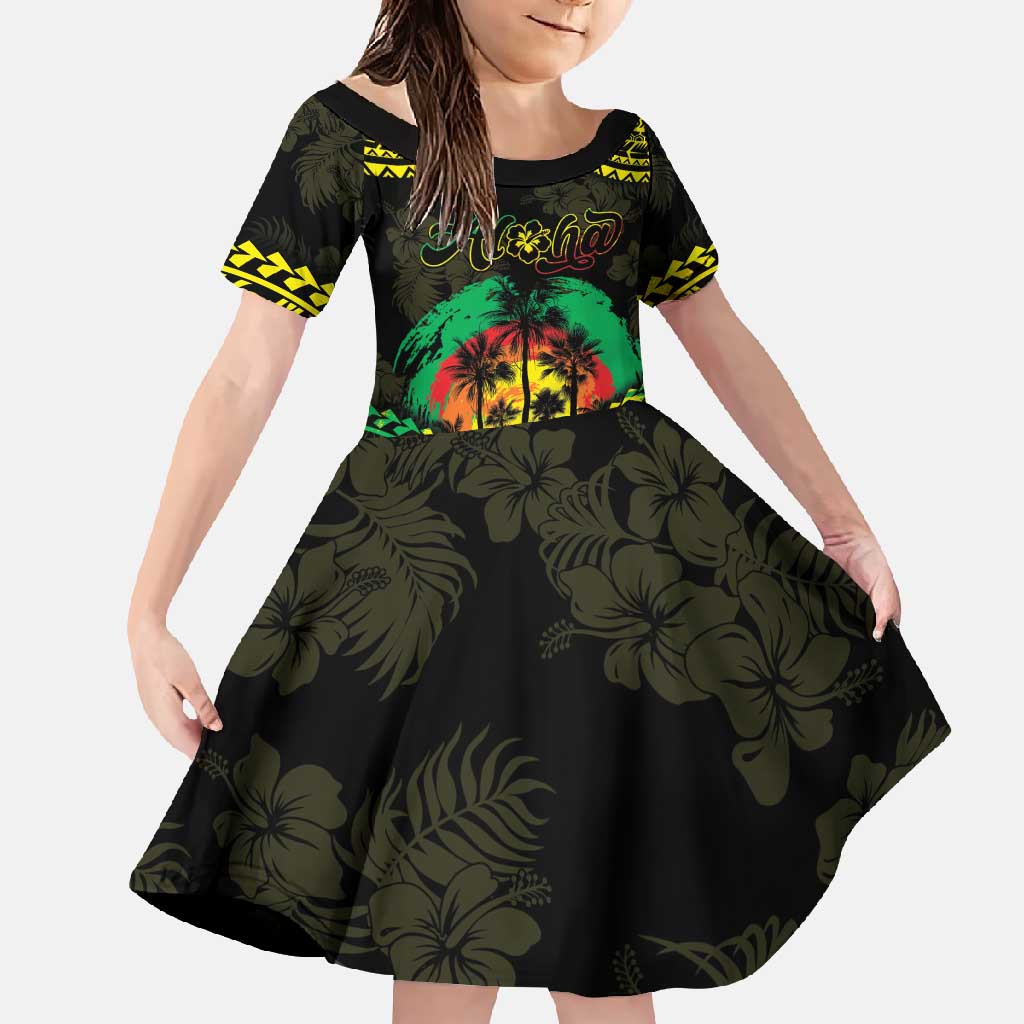 Aloha Tropical Palm Trees Family Matching Tank Maxi Dress and Hawaiian Shirt Reggae Polynesian Pattern LT05 Daughter's Dress Black - Polynesian Pride