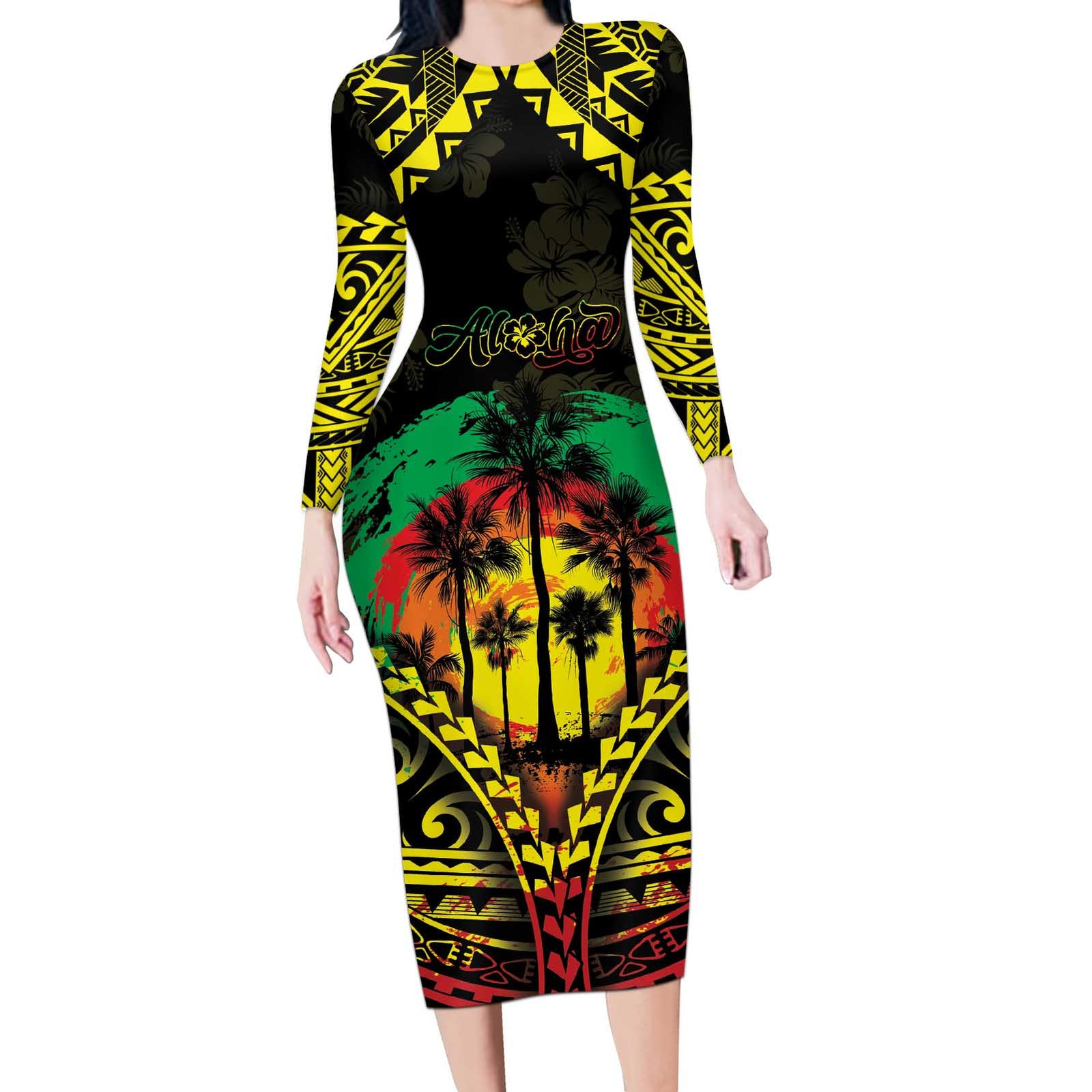 Aloha Tropical Palm Trees Long Sleeve Bodycon Dress Reggae Polynesian Pattern LT05 Long Dress Black - Polynesian Pride