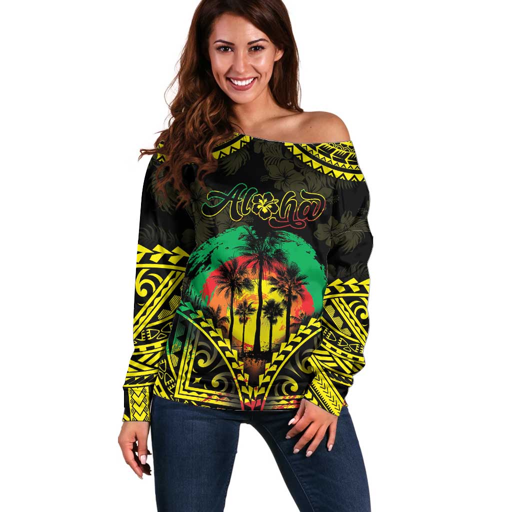 Aloha Tropical Palm Trees Off Shoulder Sweater Reggae Polynesian Pattern LT05 Women Black - Polynesian Pride
