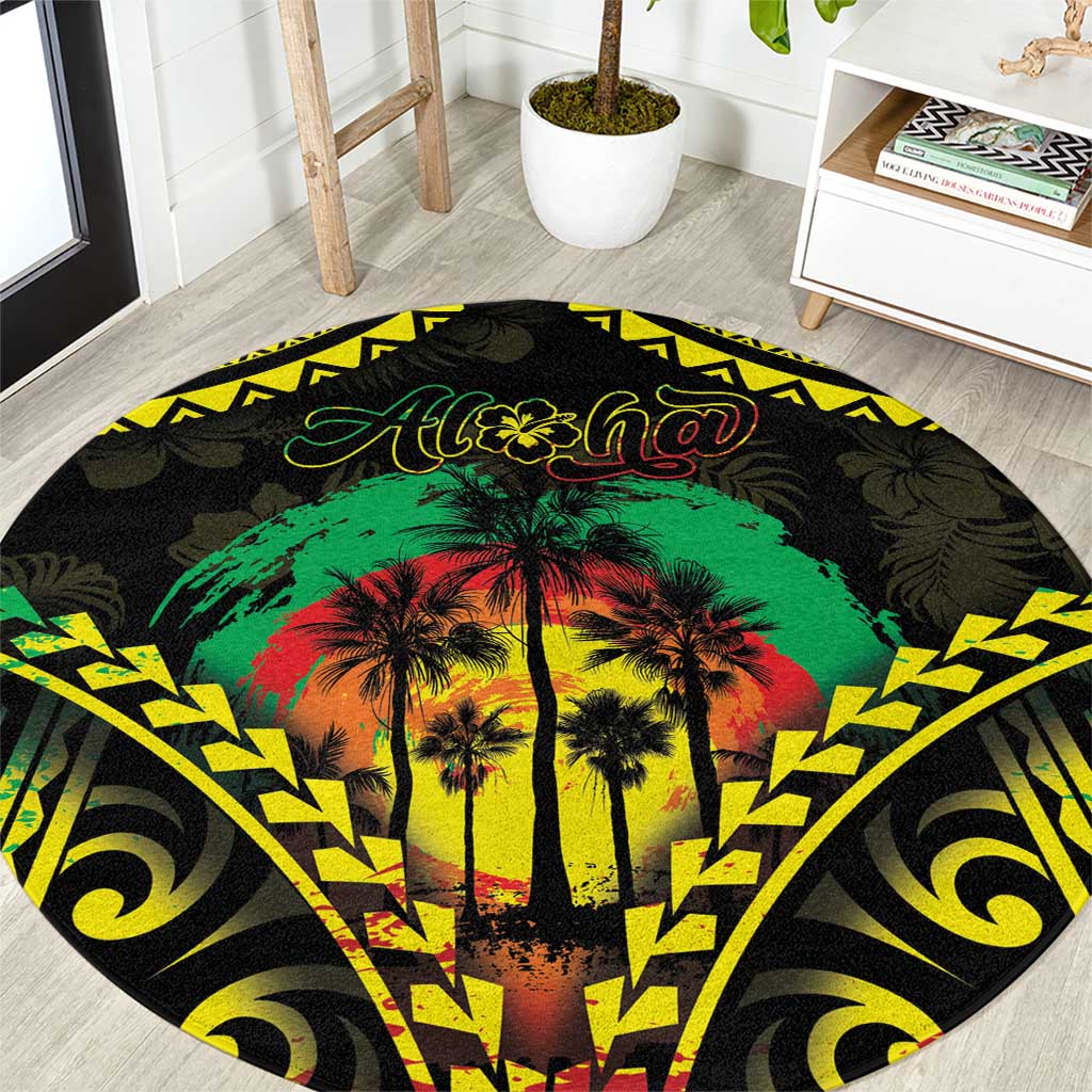 Aloha Tropical Palm Trees Round Carpet Reggae Polynesian Pattern LT05 Black - Polynesian Pride