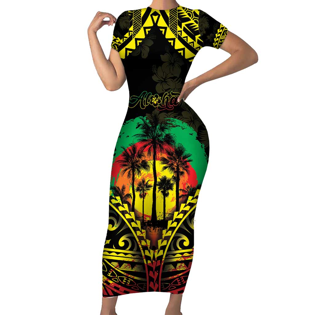 Aloha Tropical Palm Trees Short Sleeve Bodycon Dress Reggae Polynesian Pattern LT05 Long Dress Black - Polynesian Pride