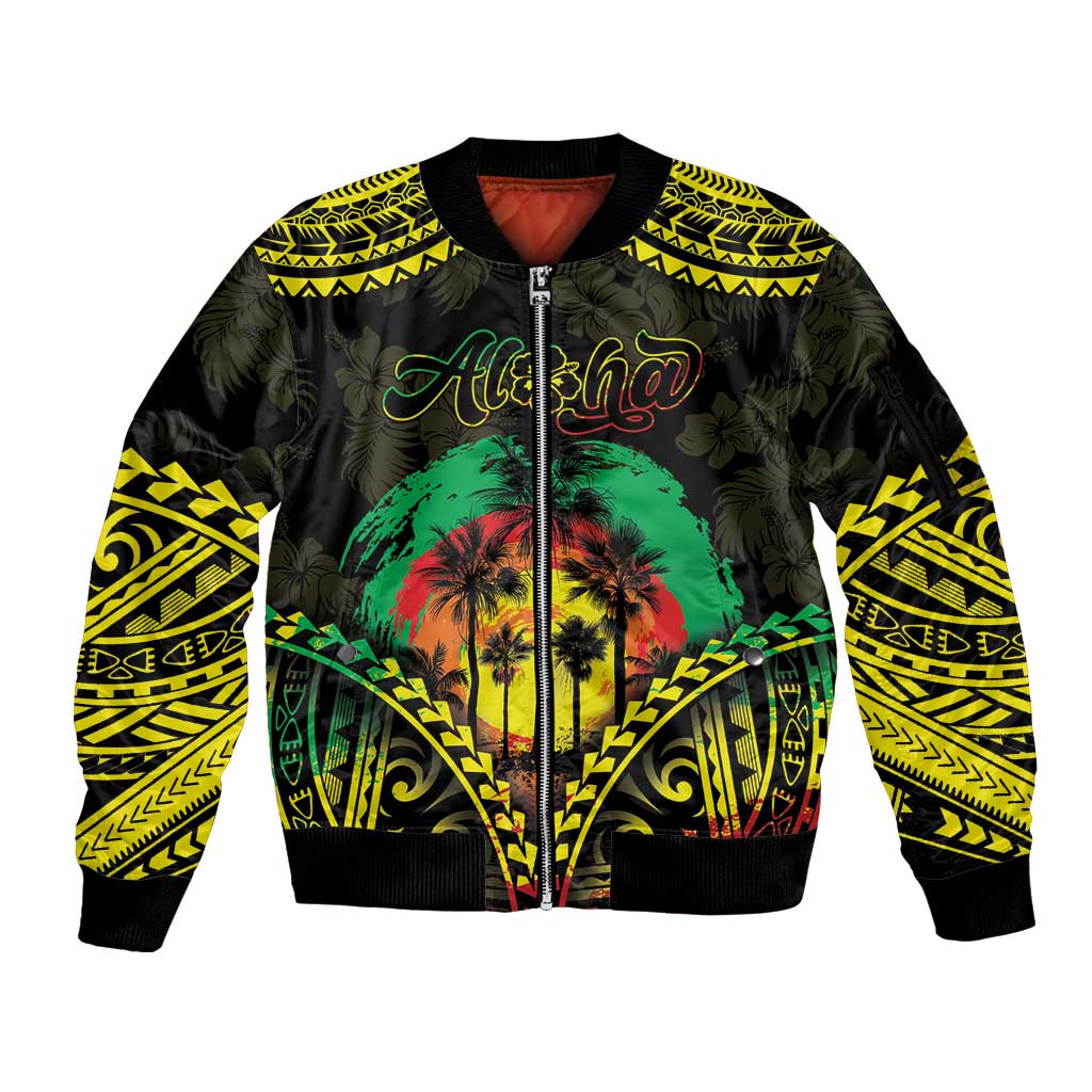 Aloha Tropical Palm Trees Sleeve Zip Bomber Jacket Reggae Polynesian Pattern LT05 Unisex Black - Polynesian Pride