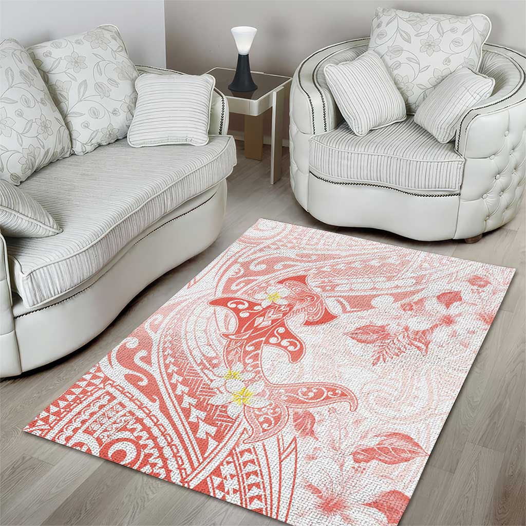 Polynesia Hammerhead Shark Area Rug Tropical Flowers Tribal Pattern Peach