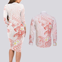 Polynesia Hammerhead Shark Couples Matching Long Sleeve Bodycon Dress and Long Sleeve Button Shirt Tropical Flowers Tribal Pattern Peach