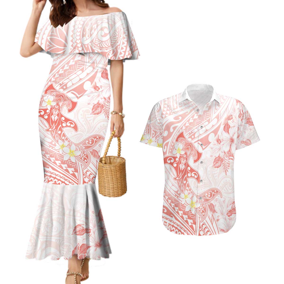 Polynesia Hammerhead Shark Couples Matching Mermaid Dress and Hawaiian Shirt Tropical Flowers Tribal Pattern Peach LT05 Peach - Polynesian Pride