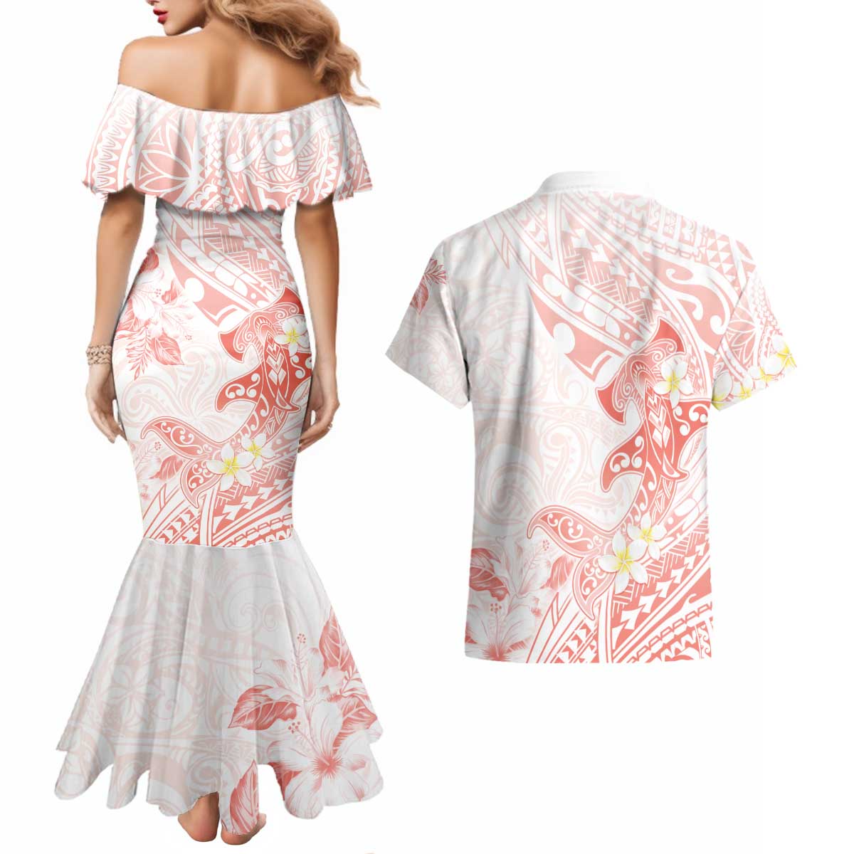 Polynesia Hammerhead Shark Couples Matching Mermaid Dress and Hawaiian Shirt Tropical Flowers Tribal Pattern Peach LT05 - Polynesian Pride