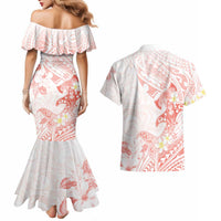Polynesia Hammerhead Shark Couples Matching Mermaid Dress and Hawaiian Shirt Tropical Flowers Tribal Pattern Peach LT05 - Polynesian Pride