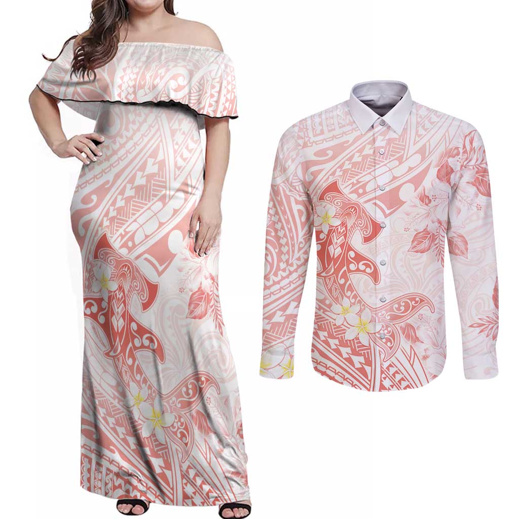 Polynesia Hammerhead Shark Couples Matching Off Shoulder Maxi Dress and Long Sleeve Button Shirt Tropical Flowers Tribal Pattern Peach LT05 Peach - Polynesian Pride