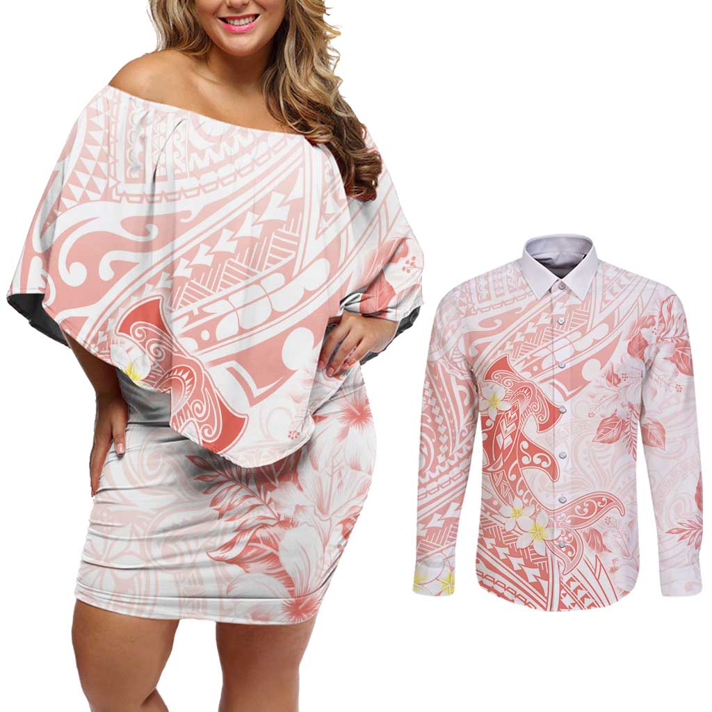 Polynesia Hammerhead Shark Couples Matching Off Shoulder Short Dress and Long Sleeve Button Shirt Tropical Flowers Tribal Pattern Peach LT05 Peach - Polynesian Pride