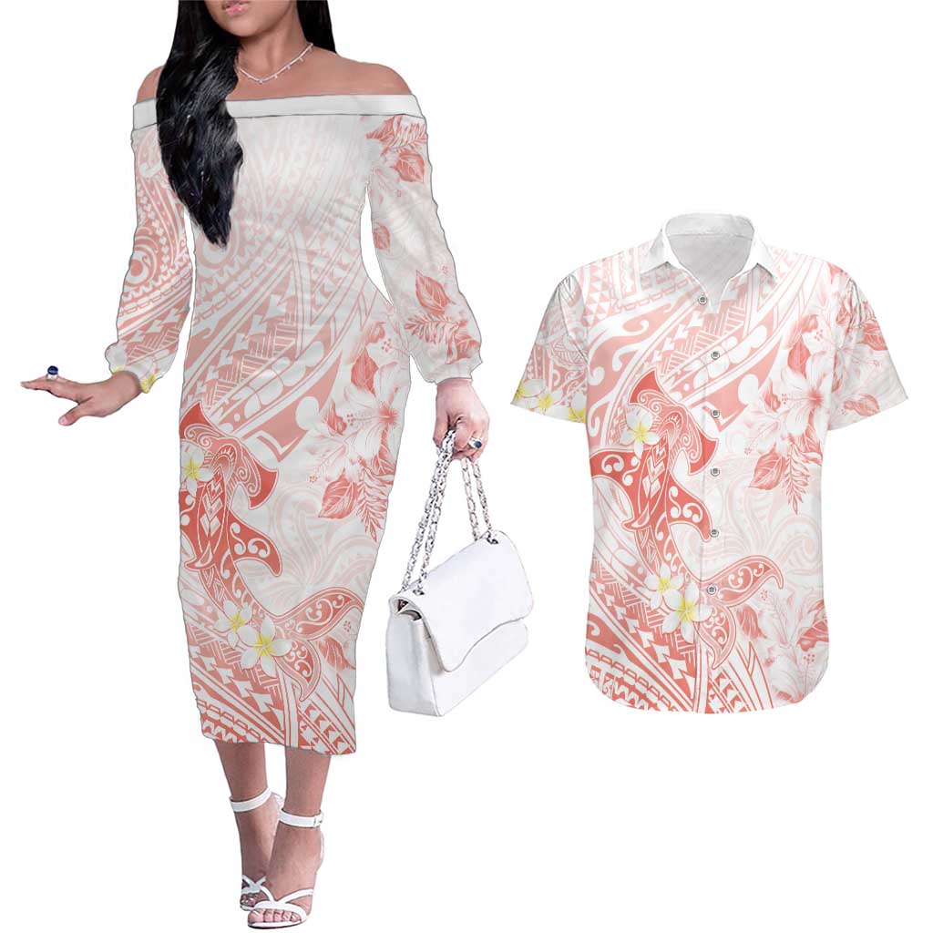 Polynesia Hammerhead Shark Couples Matching Off The Shoulder Long Sleeve Dress and Hawaiian Shirt Tropical Flowers Tribal Pattern Peach LT05 Peach - Polynesian Pride