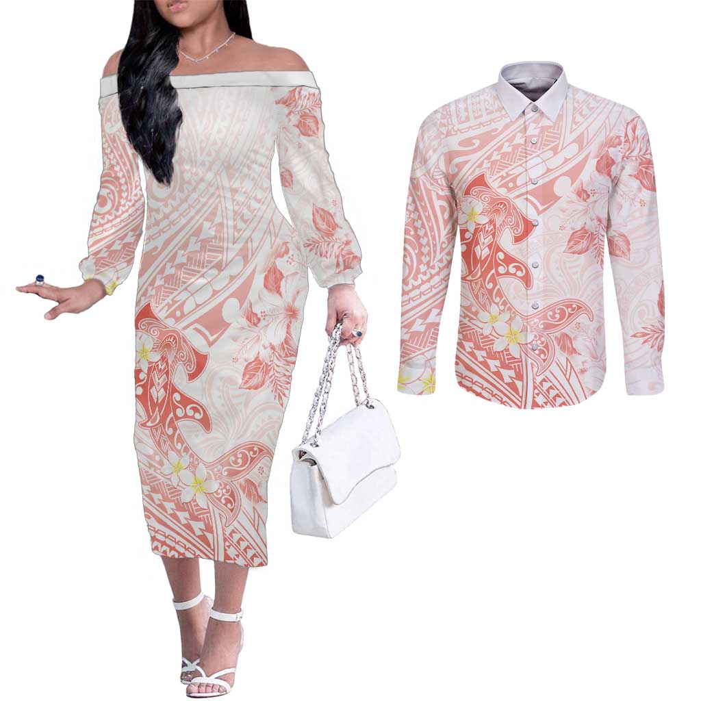 Polynesia Hammerhead Shark Couples Matching Off The Shoulder Long Sleeve Dress and Long Sleeve Button Shirt Tropical Flowers Tribal Pattern Peach LT05 Peach - Polynesian Pride