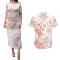 Polynesia Hammerhead Shark Couples Matching Puletasi and Hawaiian Shirt Tropical Flowers Tribal Pattern Peach LT05 Peach - Polynesian Pride