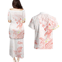 Polynesia Hammerhead Shark Couples Matching Puletasi and Hawaiian Shirt Tropical Flowers Tribal Pattern Peach LT05 - Polynesian Pride