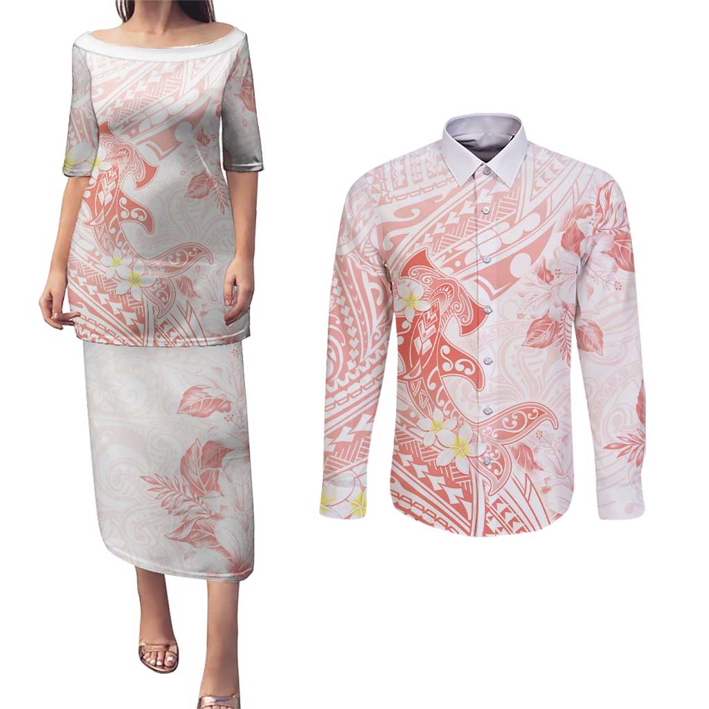 Polynesia Hammerhead Shark Couples Matching Puletasi and Long Sleeve Button Shirt Tropical Flowers Tribal Pattern Peach LT05 Peach - Polynesian Pride