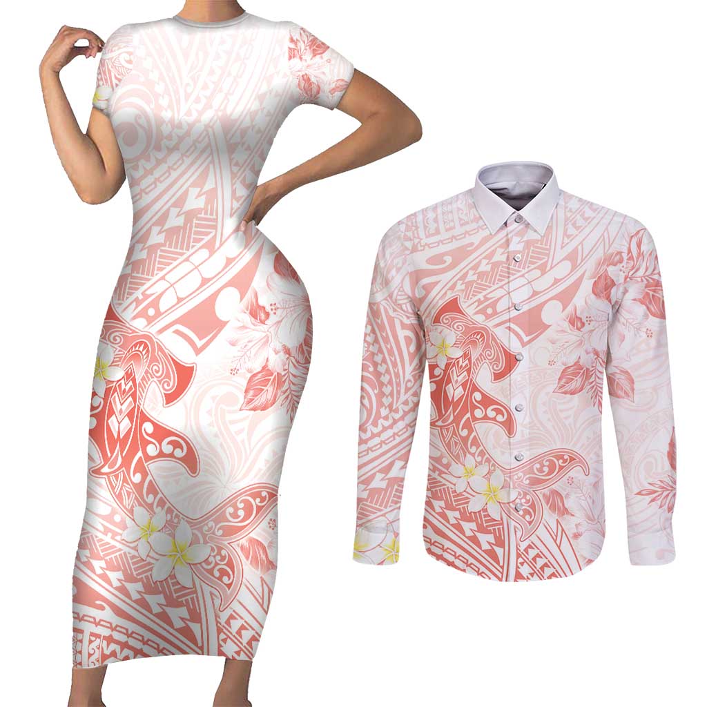 Polynesia Hammerhead Shark Couples Matching Short Sleeve Bodycon Dress and Long Sleeve Button Shirt Tropical Flowers Tribal Pattern Peach LT05 Peach - Polynesian Pride