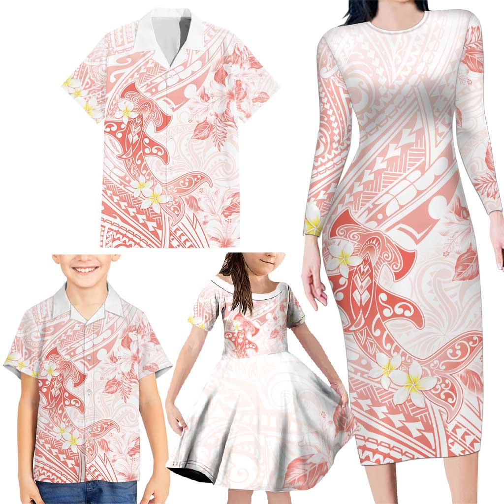 Polynesia Hammerhead Shark Family Matching Long Sleeve Bodycon Dress and Hawaiian Shirt Tropical Flowers Tribal Pattern Peach LT05 - Polynesian Pride