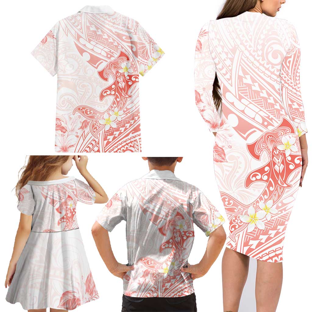 Polynesia Hammerhead Shark Family Matching Long Sleeve Bodycon Dress and Hawaiian Shirt Tropical Flowers Tribal Pattern Peach LT05 - Polynesian Pride