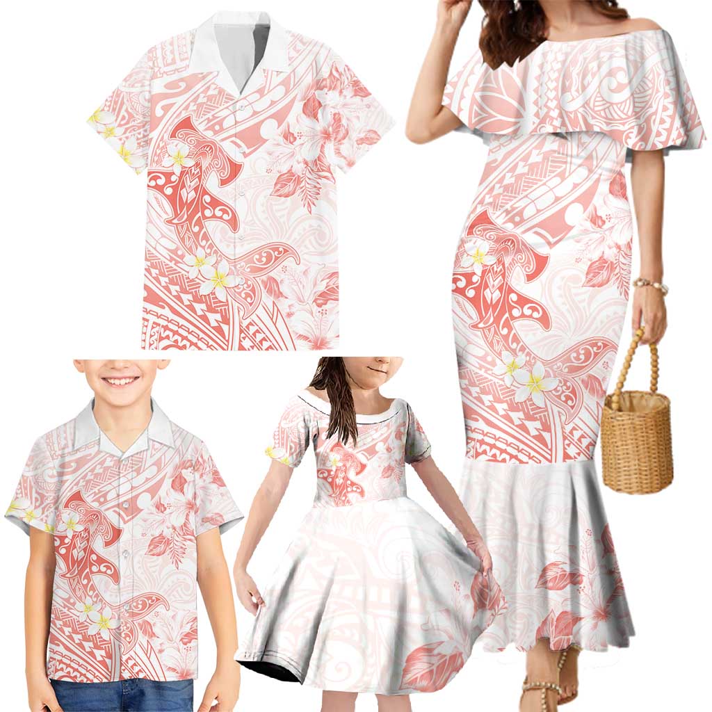 Polynesia Hammerhead Shark Family Matching Mermaid Dress and Hawaiian Shirt Tropical Flowers Tribal Pattern Peach LT05 - Polynesian Pride
