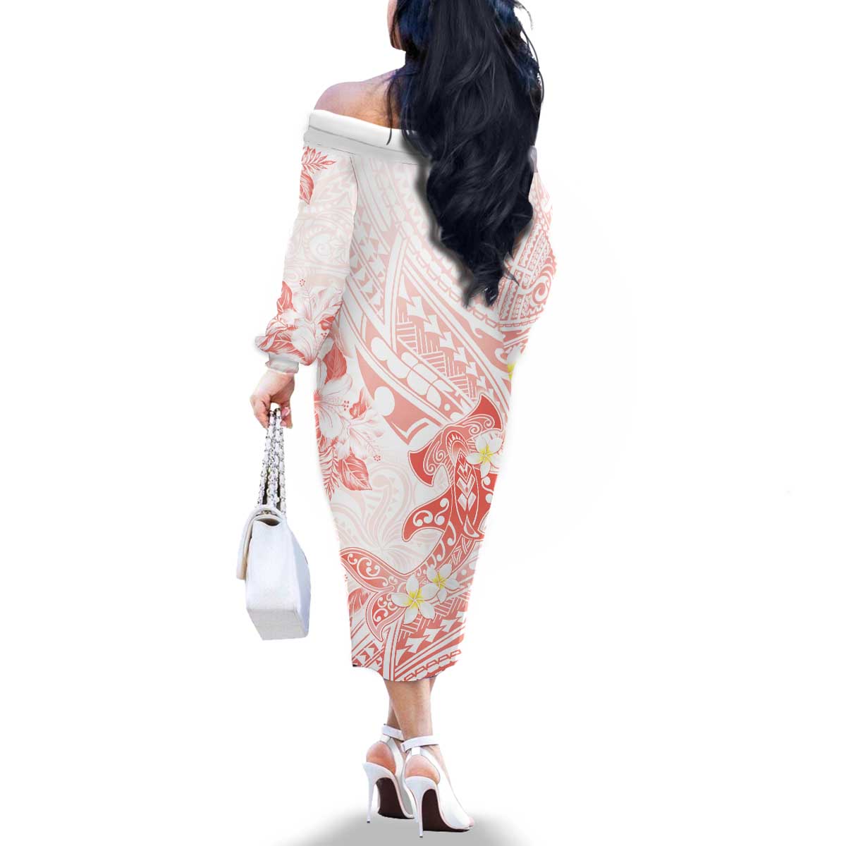 Polynesia Hammerhead Shark Family Matching Off The Shoulder Long Sleeve Dress and Hawaiian Shirt Tropical Flowers Tribal Pattern Peach