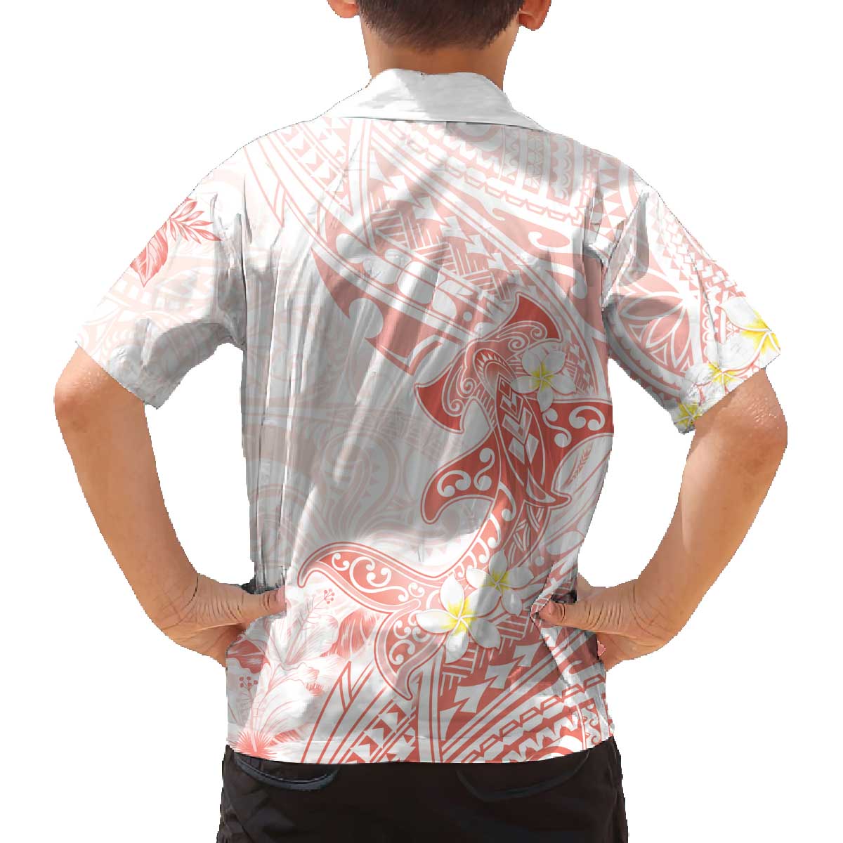 Polynesia Hammerhead Shark Family Matching Off Shoulder Short Dress and Hawaiian Shirt Tropical Flowers Tribal Pattern Peach