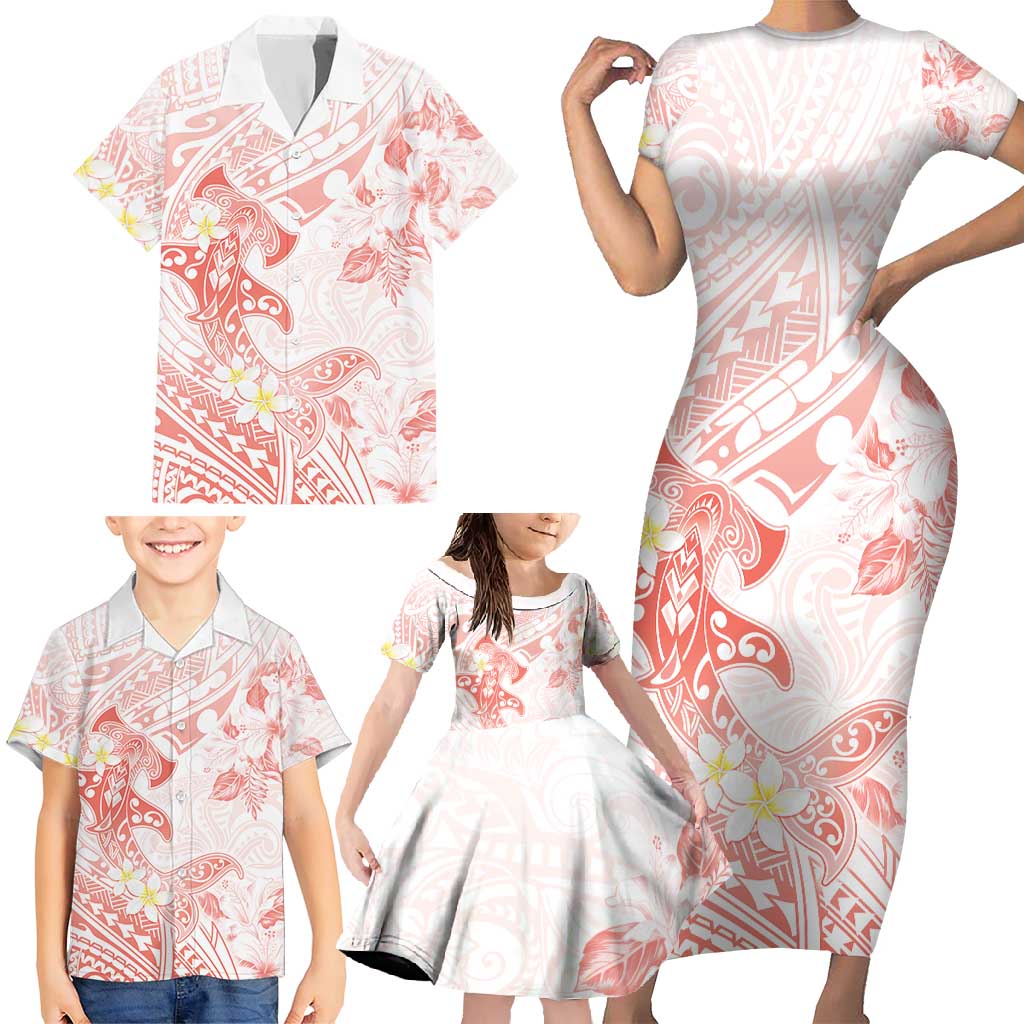 Polynesia Hammerhead Shark Family Matching Short Sleeve Bodycon Dress and Hawaiian Shirt Tropical Flowers Tribal Pattern Peach LT05 - Polynesian Pride