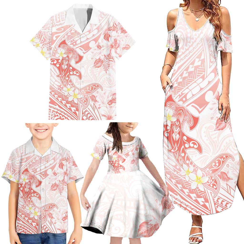 Polynesia Hammerhead Shark Family Matching Summer Maxi Dress and Hawaiian Shirt Tropical Flowers Tribal Pattern Peach LT05 - Polynesian Pride