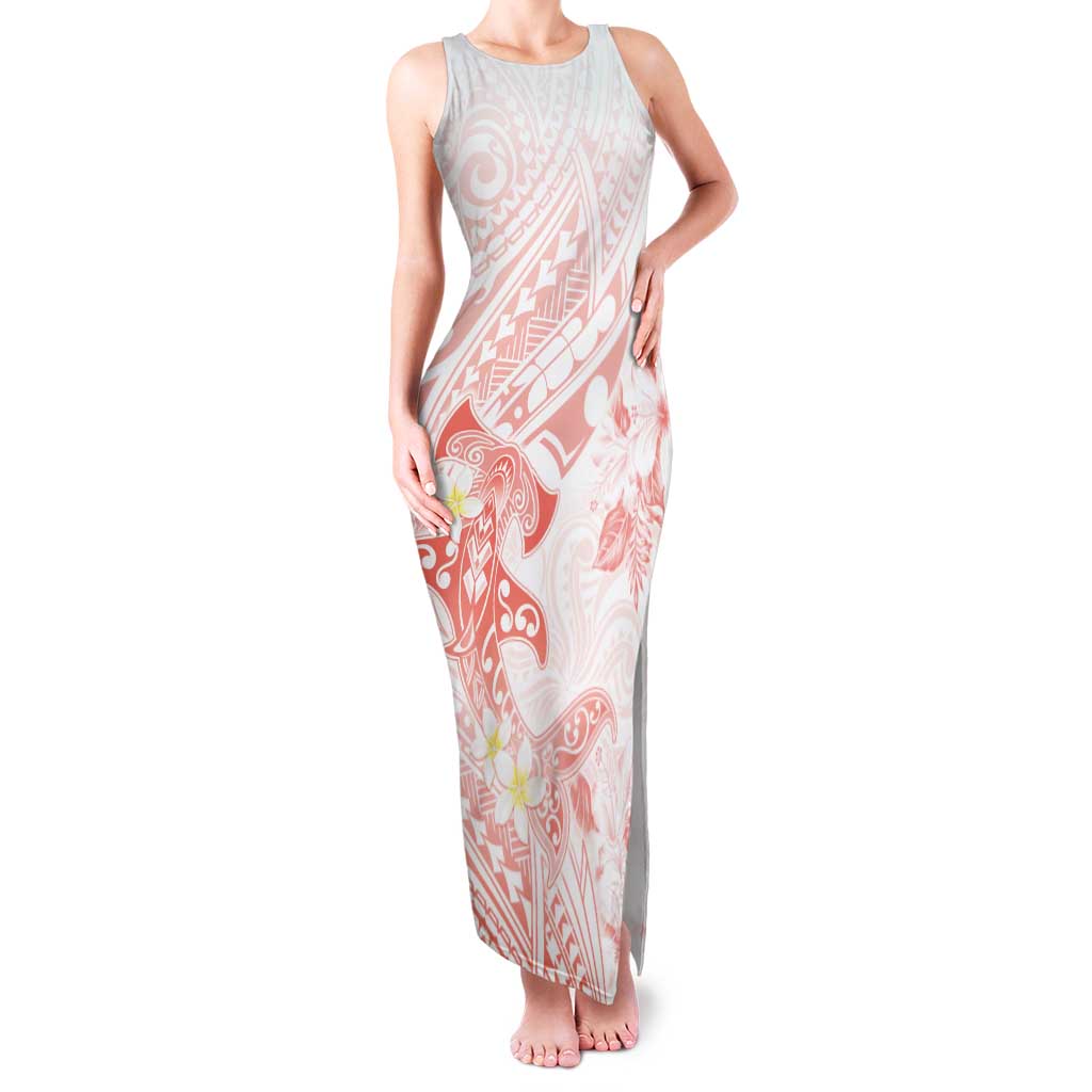 Polynesia Hammerhead Shark Family Matching Tank Maxi Dress and Hawaiian Shirt Tropical Flowers Tribal Pattern Peach LT05 Mom's Dress Peach - Polynesian Pride