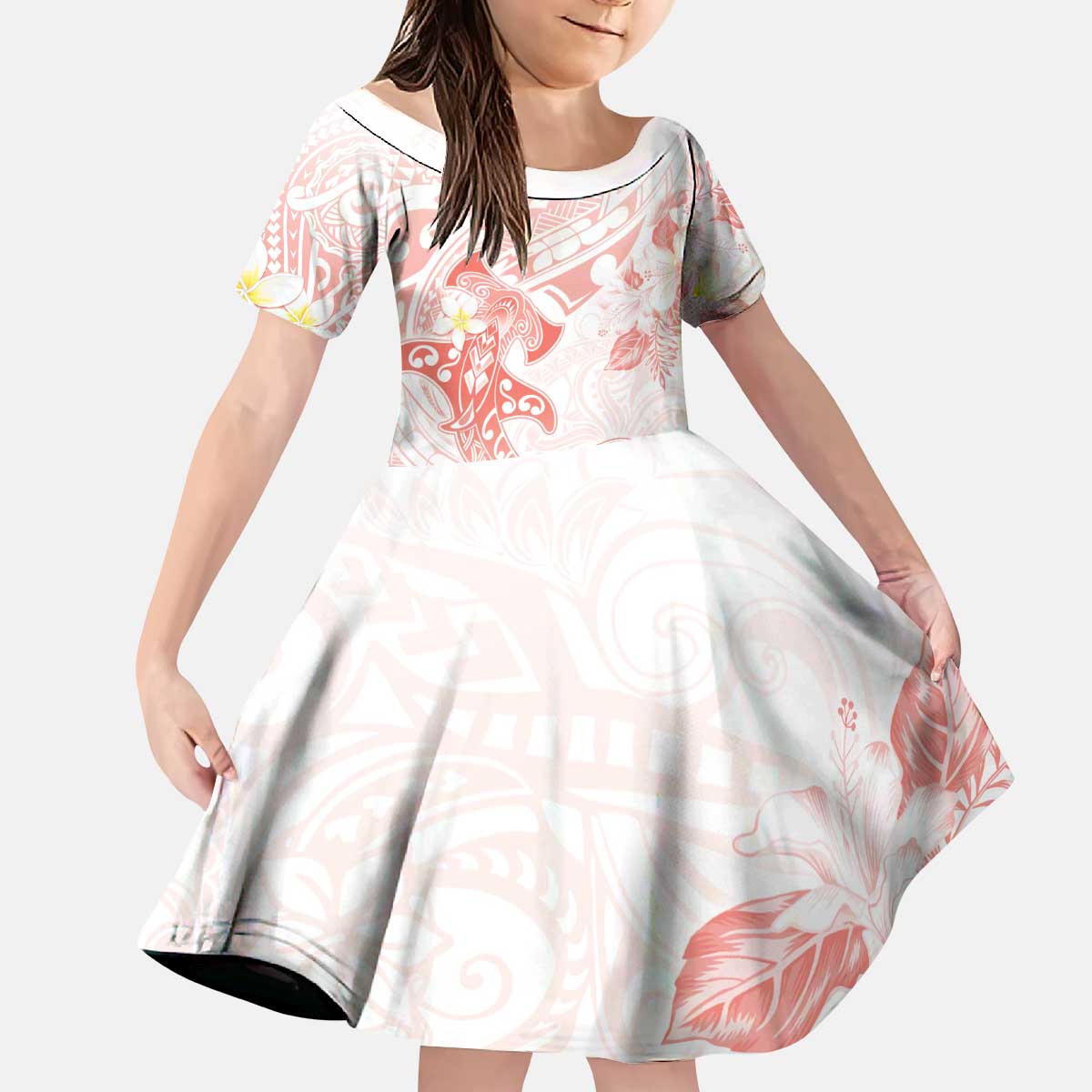 Polynesia Hammerhead Shark Kid Short Sleeve Dress Tropical Flowers Tribal Pattern Peach