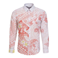 Polynesia Hammerhead Shark Long Sleeve Button Shirt Tropical Flowers Tribal Pattern Peach