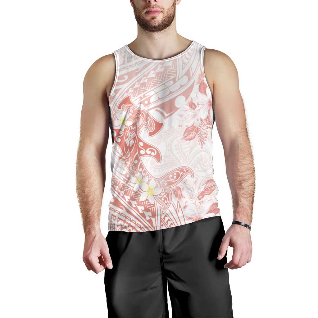 Polynesia Hammerhead Shark Men Tank Top Tropical Flowers Tribal Pattern Peach