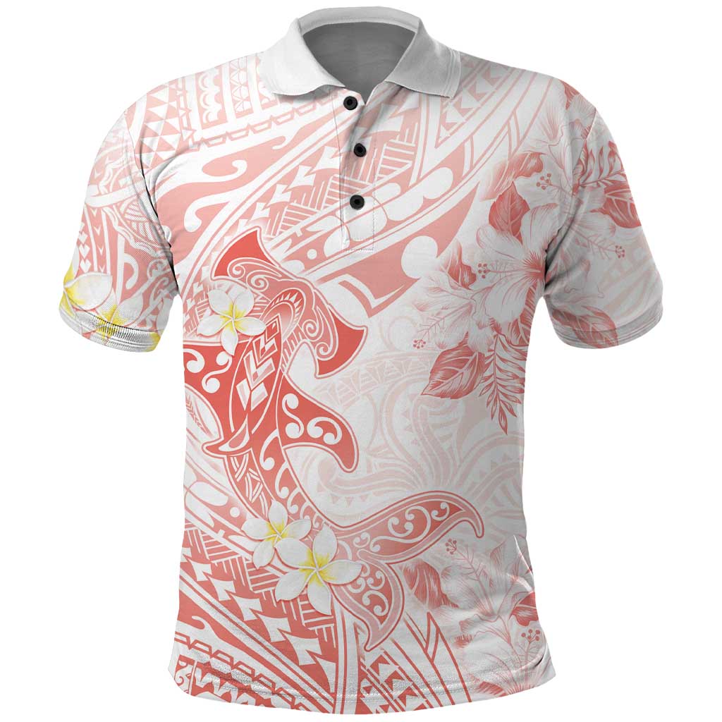 Polynesia Hammerhead Shark Polo Shirt Tropical Flowers Tribal Pattern Peach LT05 Peach - Polynesian Pride