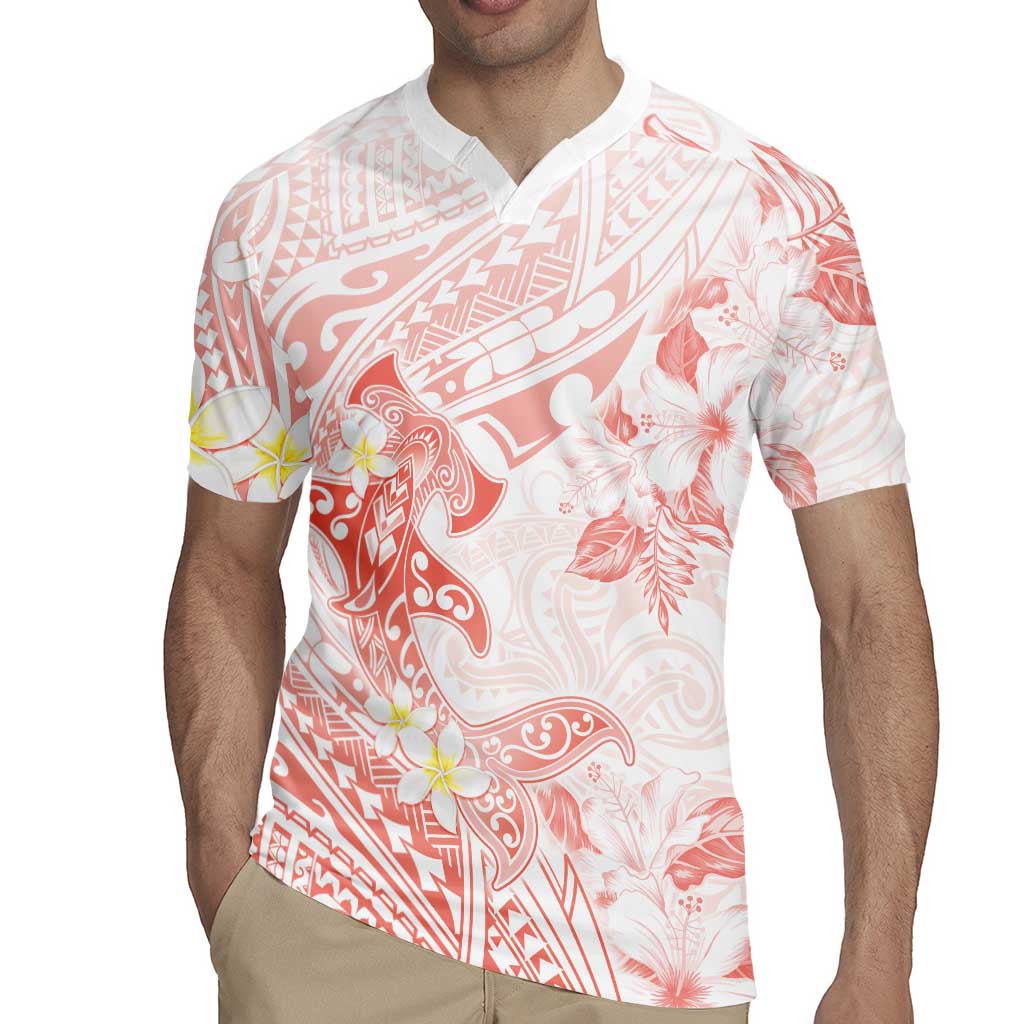 Polynesia Hammerhead Shark Rugby Jersey Tropical Flowers Tribal Pattern Peach