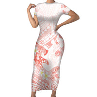 Polynesia Hammerhead Shark Short Sleeve Bodycon Dress Tropical Flowers Tribal Pattern Peach LT05 Long Dress Peach - Polynesian Pride