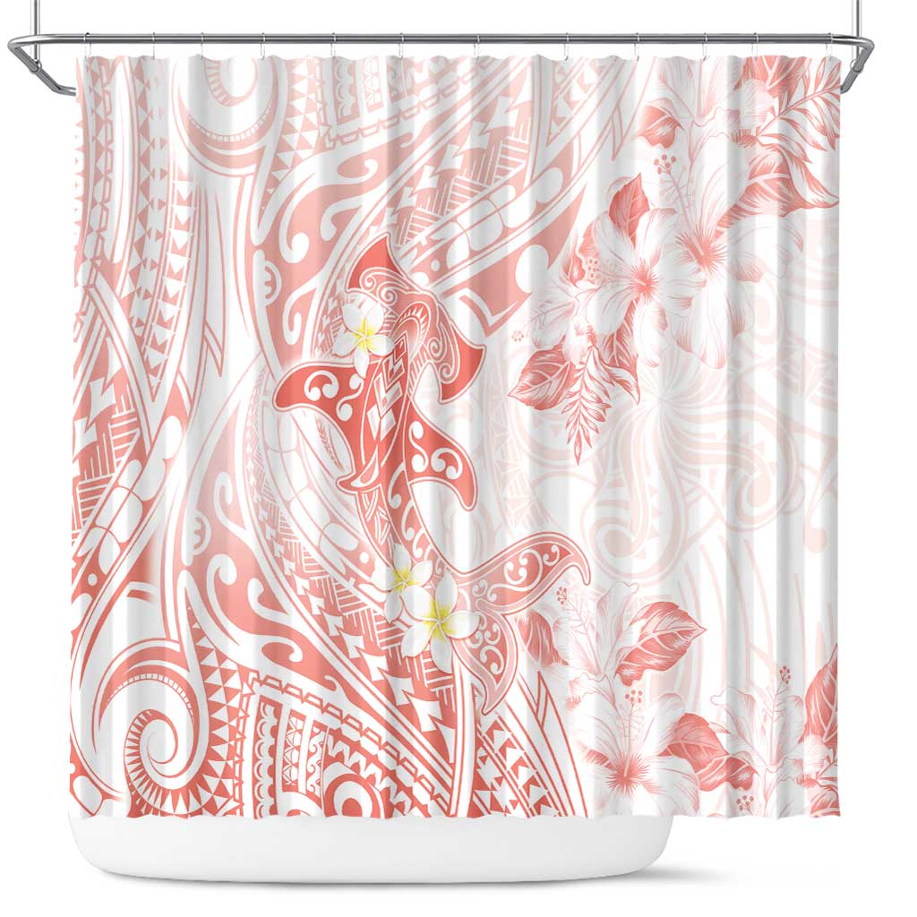 Polynesia Hammerhead Shark Shower Curtain Tropical Flowers Tribal Pattern Peach