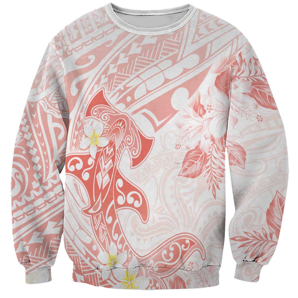 Polynesia Hammerhead Shark Sweatshirt Tropical Flowers Tribal Pattern Peach