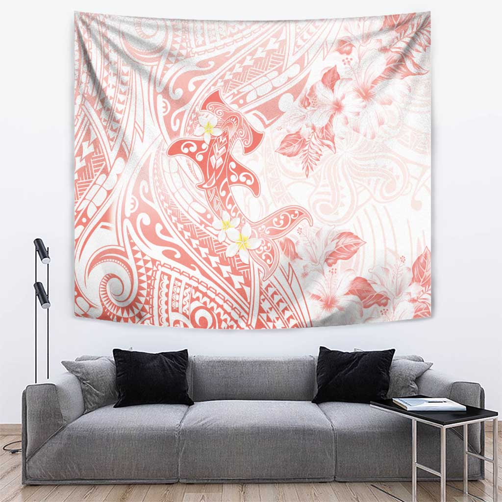 Polynesia Hammerhead Shark Tapestry Tropical Flowers Tribal Pattern Peach LT05 Peach - Polynesian Pride