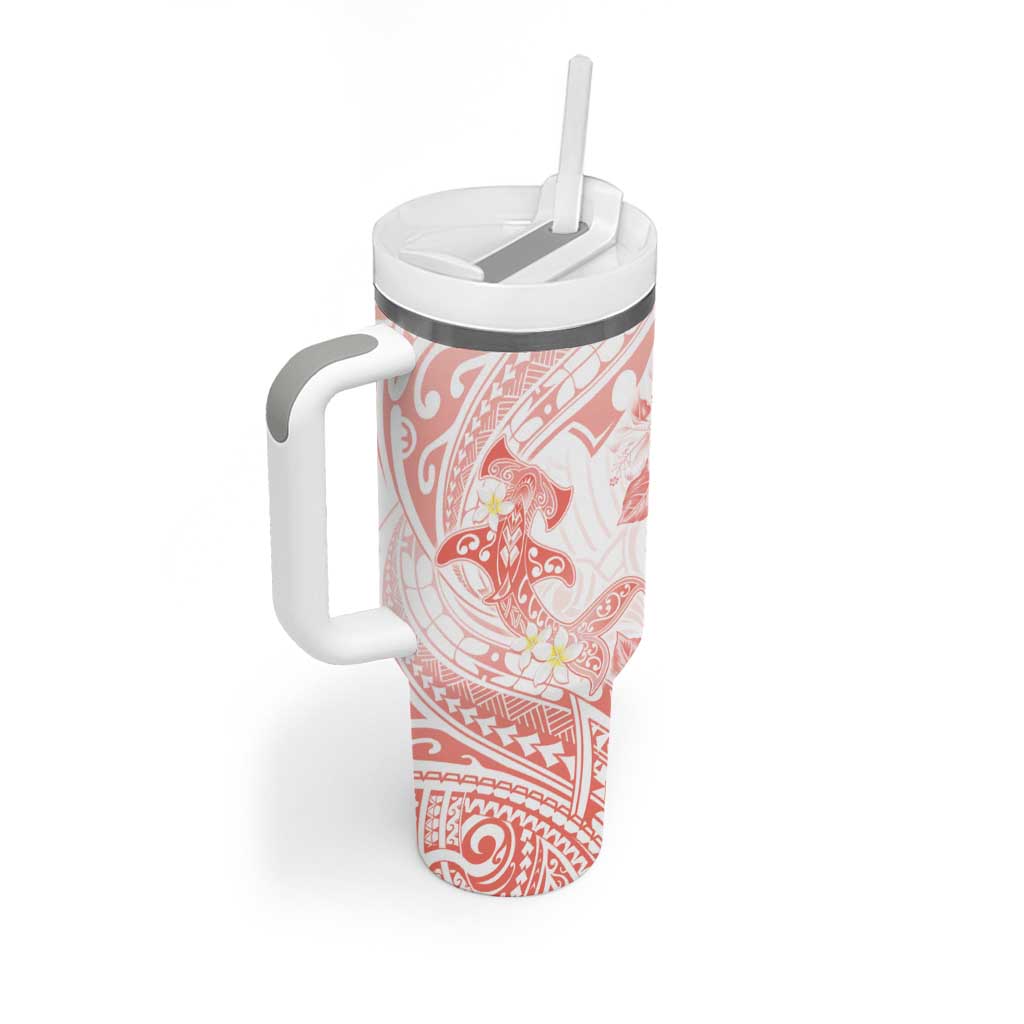 Polynesia Hammerhead Shark Tumbler With Handle Tropical Flowers Tribal Pattern Peach