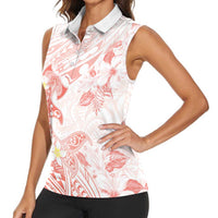 Polynesia Hammerhead Shark Women Sleeveless Polo Shirt Tropical Flowers Tribal Pattern Peach