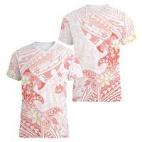 Polynesia Hammerhead Shark Women V-Neck T-Shirt Tropical Flowers Tribal Pattern Peach