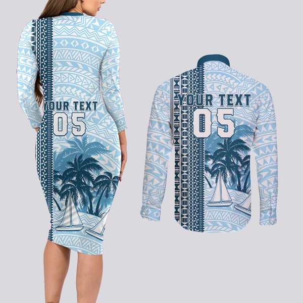 Custom Aotearoa New Zealand Couples Matching Long Sleeve Bodycon Dress and Long Sleeve Button Shirts Silver Fern and Matau with Maori Tribal Red Style LT03
