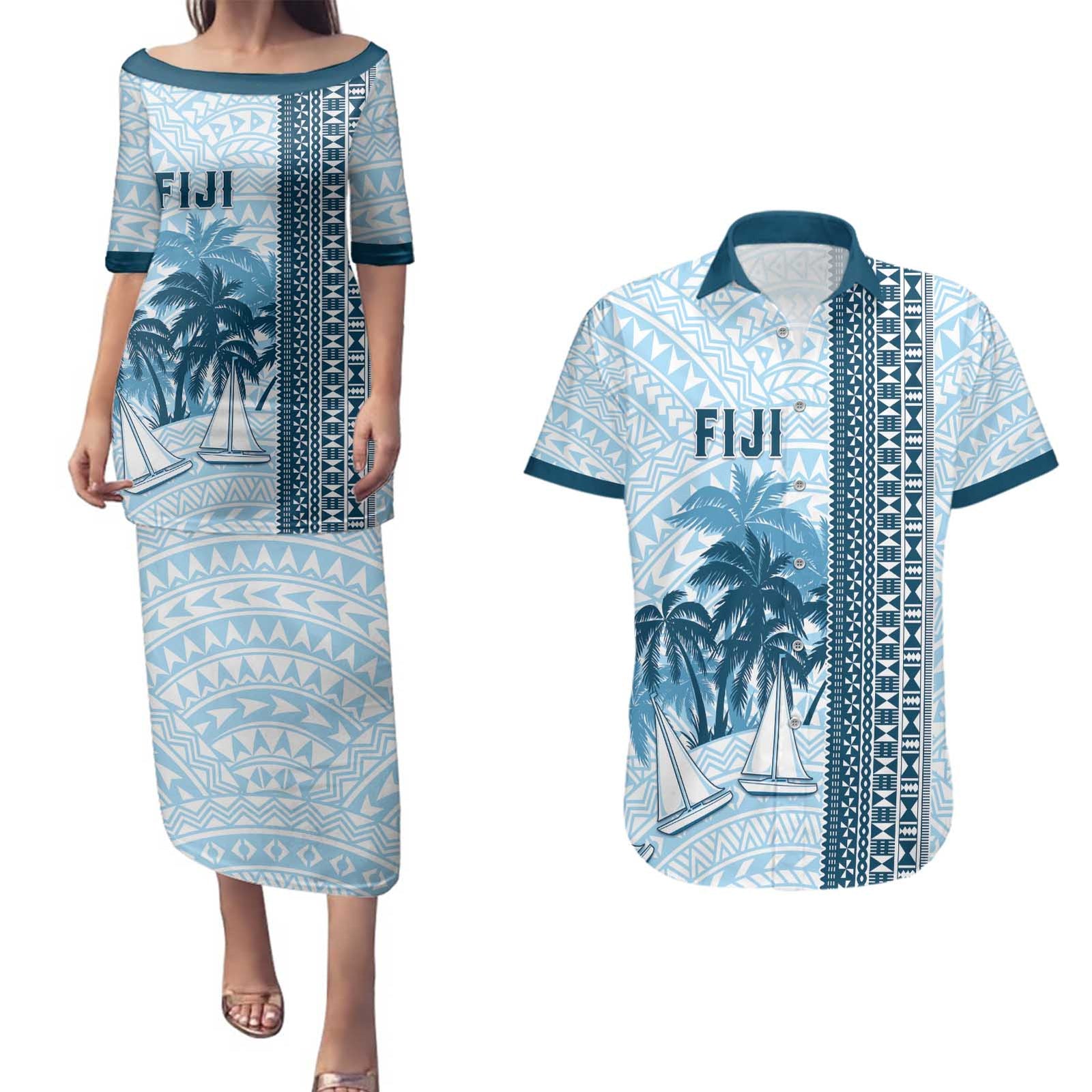 Custom Fiji Regatta Couples Matching Puletasi and Hawaiian Shirt Palm Tree Tapa Pattern - Polynesian Pride