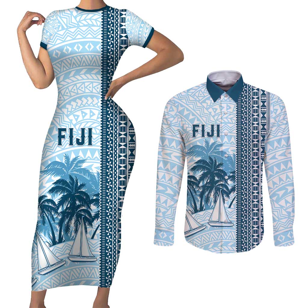 Custom Fiji Regatta Couples Matching Short Sleeve Bodycon Dress and Long Sleeve Button Shirt Palm Tree Tapa Pattern - Polynesian Pride