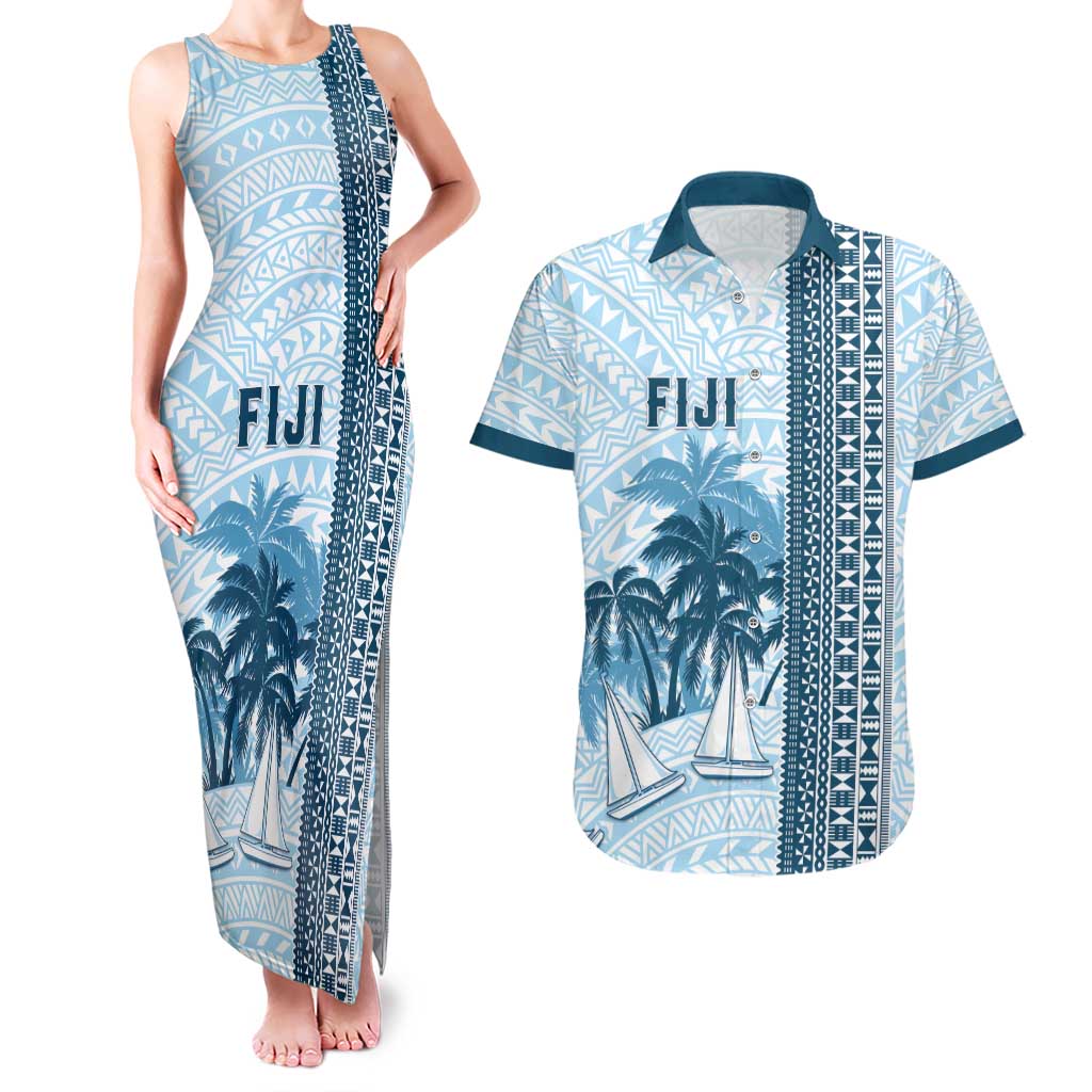Custom Fiji Regatta Couples Matching Tank Maxi Dress and Hawaiian Shirt Palm Tree Tapa Pattern - Polynesian Pride
