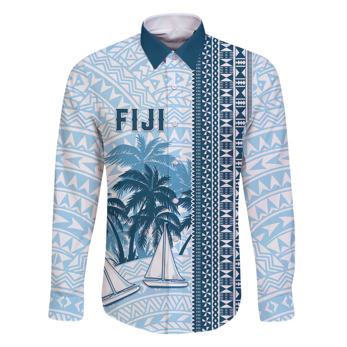 Custom Fiji Regatta Family Matching Off The Shoulder Long Sleeve Dress and Hawaiian Shirt Palm Tree Tapa Pattern - Polynesian Pride