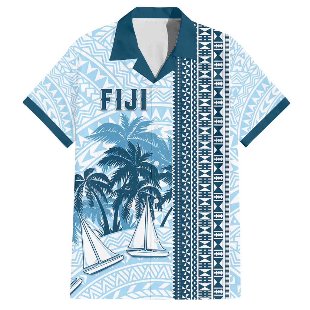 Custom Fiji Regatta Family Matching Off Shoulder Short Dress and Hawaiian Shirt Palm Tree Tapa Pattern - Polynesian Pride