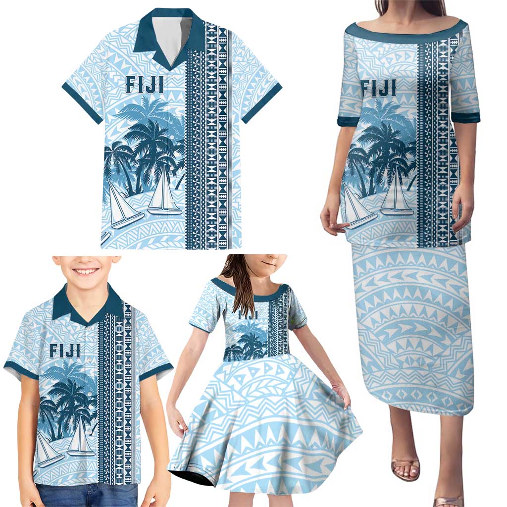 Custom Fiji Regatta Family Matching Puletasi and Hawaiian Shirt Palm Tree Tapa Pattern - Polynesian Pride
