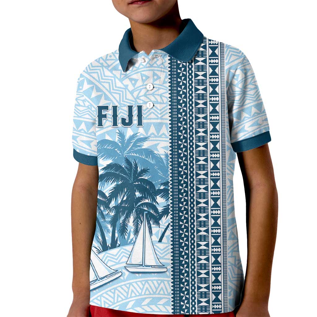 Custom Fiji Regatta Kid Polo Shirt Palm Tree Tapa Pattern LT05 Kid Blue - Polynesian Pride