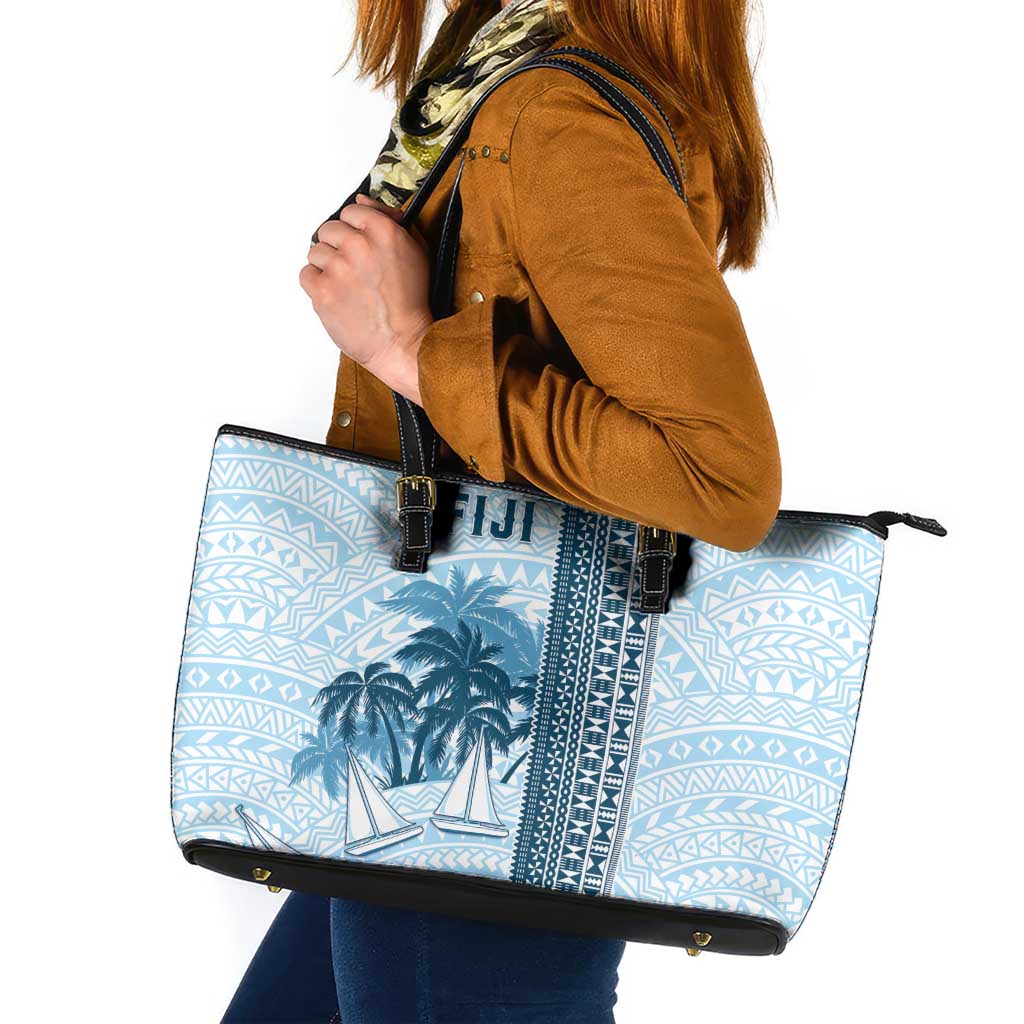 Fiji Regatta Leather Tote Bag Palm Tree Tapa Pattern LT05 Blue - Polynesian Pride