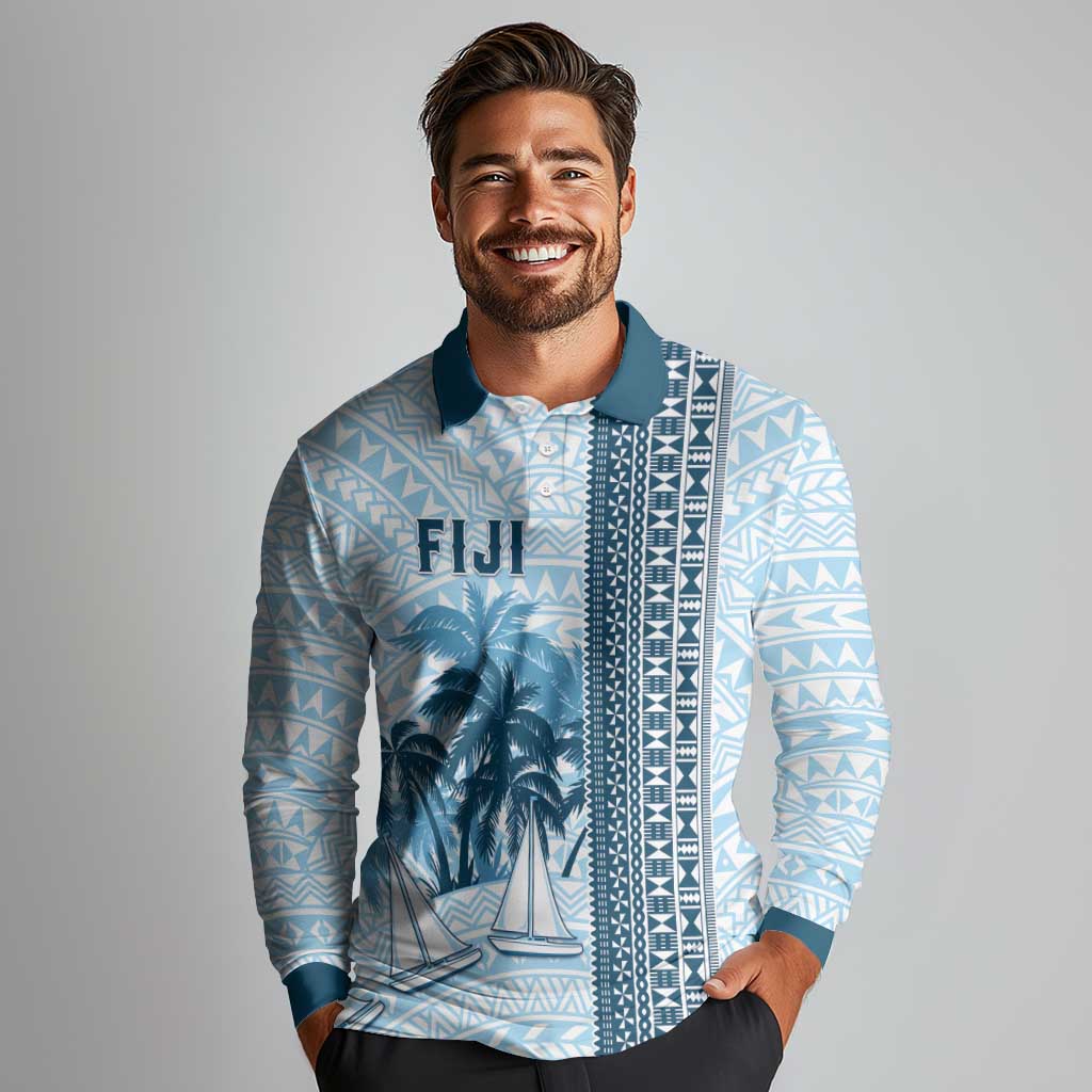 Custom Fiji Regatta Long Sleeve Polo Shirt Palm Tree Tapa Pattern - Polynesian Pride