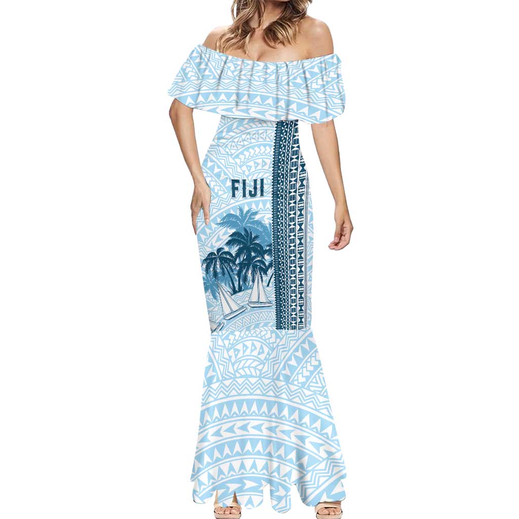 Custom Fiji Regatta Mermaid Dress Palm Tree Tapa Pattern - Polynesian Pride